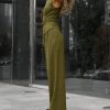 Womens 2 Piece Outfits V Neck Tie Waist Blazer Vest and Wide Leg Business Casual Suit Pants Sets Army Green