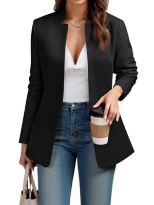 Womens Business Casual Blazer Long Sleeve Open Front Notch Stand Collar Blazer Work Office Jacket Suit
