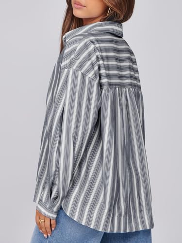 Womens Striped Button Down Shirts 2024 Fall Fashion Puff Long Sleeve Loose Fitting Work Tops