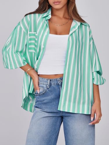 Womens Striped Button Down Shirts 2024 Fall Fashion Puff Long Sleeve Loose Fitting Work Tops