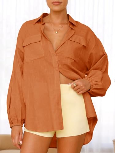 Womens Oversized Button Down Shirts Puff Long Sleeve Collared V Neck Cotton Blouses Linen Loose Fit Tops