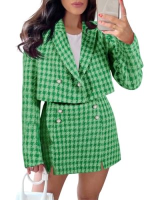 Womens Cropped Tweed Blazer Sets 2 Piece Outfits and Mini Skirt Sets Business Casual Suits