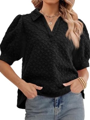 Womens Puff Short Sleeve Polo Shirts Summer V Neck Textured Tops Dressy Casual Loose Fit Blouse