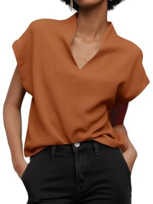 Womens Summer Cap Sleeve Blouse V Neck Casual Dressy Work Tops Loose Fit Elegant Textured Shirts