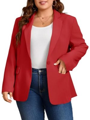 Womens Plus Size Casual Blazers Open Front Long Sleeve Work Office Suit Jackets Red