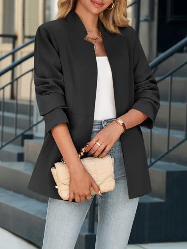 Womens Business Casual Blazer Long Sleeve Open Front Notch Stand Collar Blazer Work Office Jacket Suit