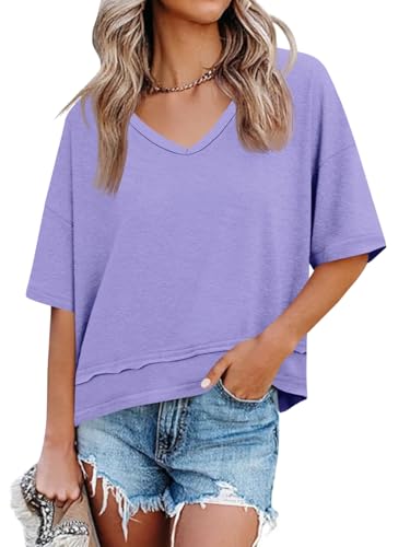 Womens Summer V Neck T Shirts Casual Short Sleeve Flowy Tops Cute Loose Fit Basic Tees
