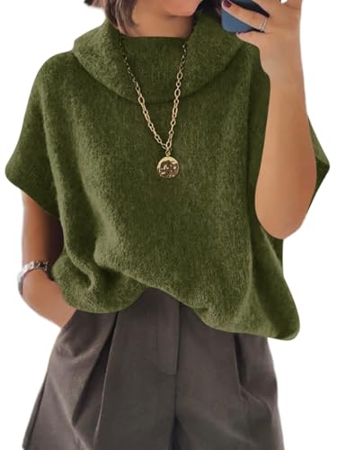 Womens Oversized Turtleneck Poncho Sweaters Short Batwing Sleeve Casual Slouchy Loose Fit Chunky Knit Pullover Tops