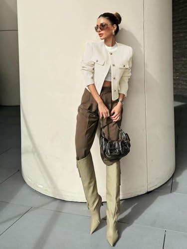 Womens Cropped Tweed Blazers Jacket Collarless Button Down Business Casual 2025 Fall Outfits Winter Coats