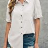 Womens Puff Short Sleeve Button Down Shirts Summer Casual Collared V Neck Blouse Linen Loose Fit Work Tops