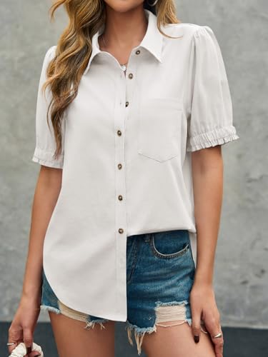 Womens Puff Short Sleeve Button Down Shirts Summer Casual Collared V Neck Blouse Linen Loose Fit Work Tops