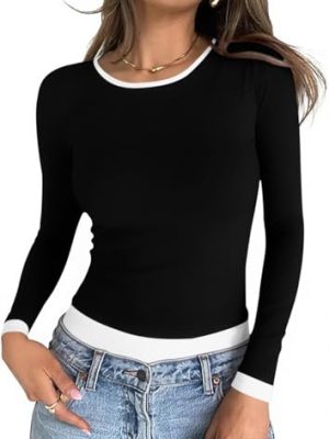 Womens Long Sleeve Tops Patchwork Crewneck Slim Fit Shirts Going Out Casual Fall Basic Tees