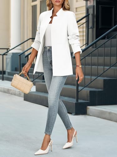 Womens Business Casual Blazer Long Sleeve Open Front Notch Stand Collar Blazer Work Office Jacket Suit