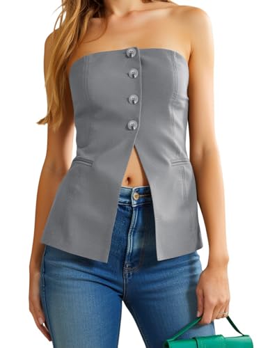 Womens Strapless Blazer Vest Summer Sleeveless Fitted Tube Tops Trendy Button Down Work Suit Tops