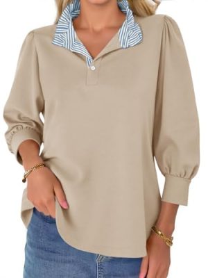 Womens 3/4 Length Puff Sleeve Tops Dressy Casual Ruffle V Neck Blouses Color Block Loose Fit Shirts