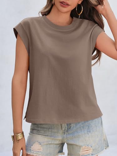 Womens Cap Sleeve Cotton Tank Tops Summer Casual Loose Fit T Shirts Crew Neck Basic Tee
