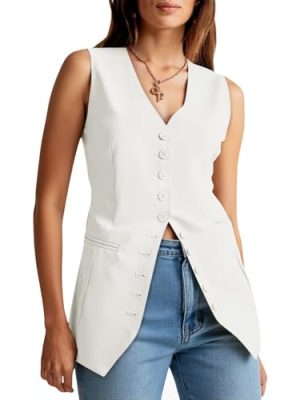 Womens Button Down Suit Vests Casual Business V Neck Waistcoat Tops Summer Fitted Work Office Sleeveless Blazer