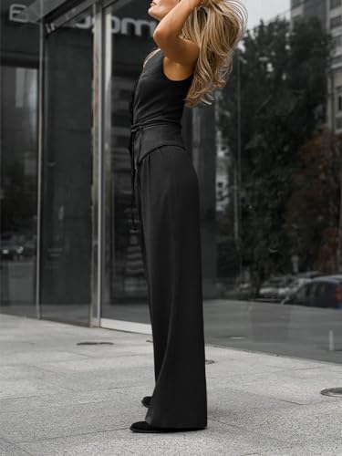 Women's 2 Piece Outfits Sleeveless Tie Waist Suit Vest and Wide Leg Pants Business Casual Blazer Sets