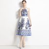 Women’s Blue Floral A-Line Dress Round Neck Sleeveless Chinese Porcelain Print Summer Vest Dresses