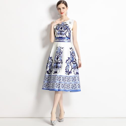 Women’s Blue Floral A-Line Dress Round Neck Sleeveless Chinese Porcelain Print Summer Vest Dresses
