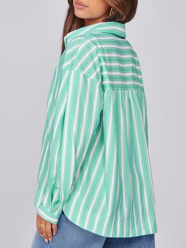 Womens Striped Button Down Shirts 2024 Fall Fashion Puff Long Sleeve Loose Fitting Work Tops