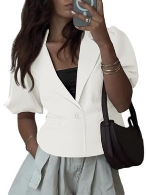 Womens Puff Short Sleeve Blazers Business Casual Button Down Lightweight Suit Jackets