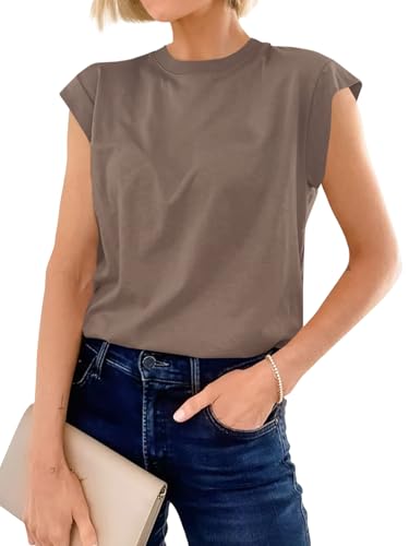 Womens Cap Sleeve Cotton Tank Tops Summer Casual Loose Fit T Shirts Crew Neck Basic Tee