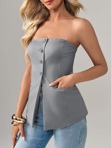 Womens Strapless Blazer Vest Summer Sleeveless Fitted Tube Tops Trendy Button Down Work Suit Tops