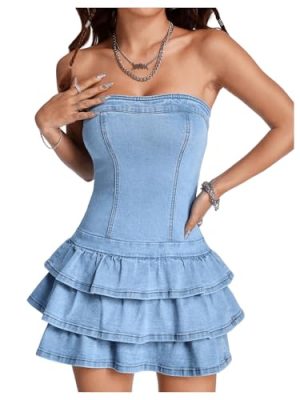 Women's Sexy Jeans Denim Strapless Dresses Bodycon Corset Tube Mini Dress