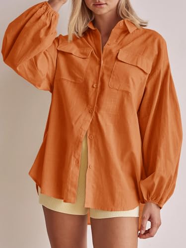 Womens Oversized Button Down Shirts Puff Long Sleeve Collared V Neck Cotton Blouses Linen Loose Fit Tops