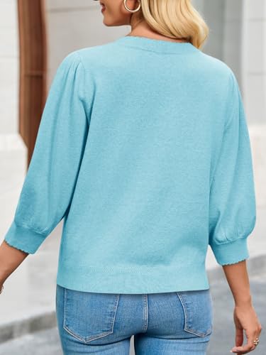 Womens 3/4 Puff Sleeve Sweater Tops Fall Casual Crew Neck Lightweight Knit Pullover Loose Fit Scallop Trim Sweater