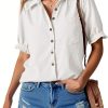 Womens Puff Short Sleeve Button Down Shirts Summer Casual Collared V Neck Blouse Linen Loose Fit Work Tops