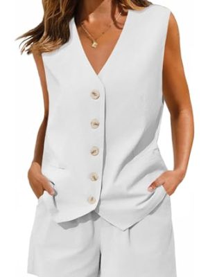 Womens Summer Blazer Vest 2 Piece Sets V Neck Sleeveless Button Down Waistcoat and High Waisted Work Suit Short Set