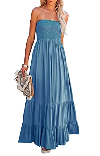 Womens Summer Cotton Strapless Elastic Smocked Boho Beach Casual Flowy Maxi Tube Dresses