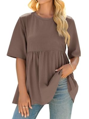 Womens Summer Babydoll Tops Oversized Short Sleeve Crewneck T Shirts Peplum Casual Loose Blouse
