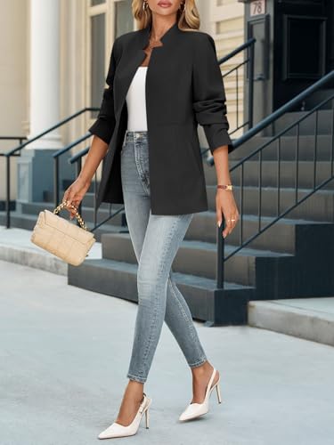 Womens Business Casual Blazer Long Sleeve Open Front Notch Stand Collar Blazer Work Office Jacket Suit