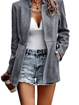 Women's Coat Casual Open Front Blazer Long Sleeve Stand Collar Solid Trench Business Work Office Jacket Outwear