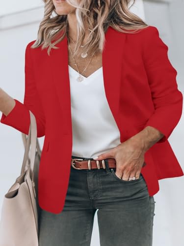 Womens Plus Size Casual Blazers Open Front Long Sleeve Work Office Suit Jackets Red