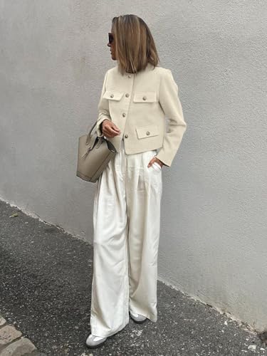 Womens Cropped Tweed Blazers Jacket Collarless Button Down Business Casual 2025 Fall Outfits Winter Coats