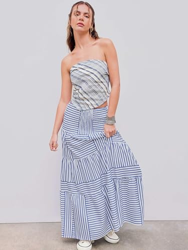 Womens Casual Dresses Strapless Tube Stripped Shirred A Line Blue Beach Vacation Midi Dress Maxi Skirts