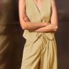Womens Business Casual 2 Piece Outfits V Neck Sleeveless Tie Waist Blazer Vest Pleated Wide Leg Suits Pants Sets