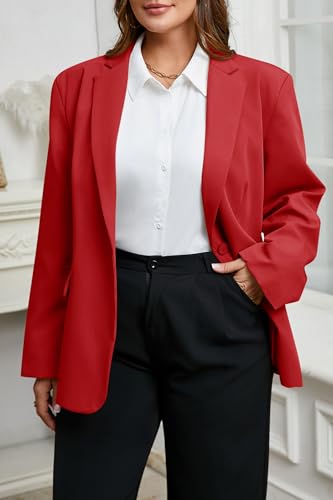 Womens Plus Size Casual Blazers Open Front Long Sleeve Work Office Suit Jackets Red