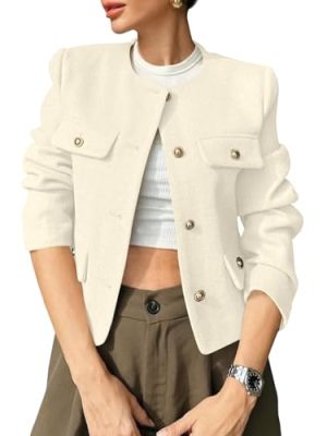 Womens Cropped Tweed Blazers Jacket Collarless Button Down Business Casual 2025 Fall Outfits Winter Coats