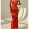 Women's Floral Twist Front Mesh Tube Dress Elegant Strapless Fishtail Maxi Dresses