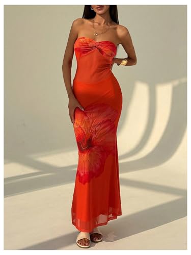 Women's Floral Twist Front Mesh Tube Dress Elegant Strapless Fishtail Maxi Dresses