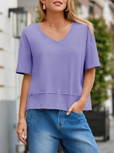 Womens Summer V Neck T Shirts Casual Short Sleeve Flowy Tops Cute Loose Fit Basic Tees