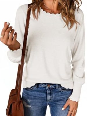 Womens Crew Neck Long Sleeve Sweater Trendy Casual Scallop Trim Fall Knit Lightweight Pullover Tops