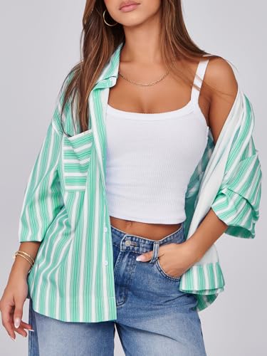 Womens Striped Button Down Shirts 2024 Fall Fashion Puff Long Sleeve Loose Fitting Work Tops