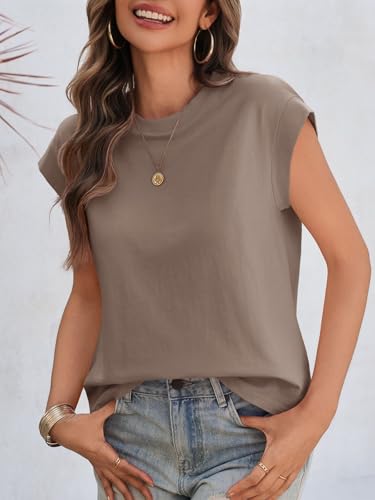 Womens Cap Sleeve Cotton Tank Tops Summer Casual Loose Fit T Shirts Crew Neck Basic Tee