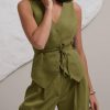 Womens 2 Piece Outfits V Neck Tie Waist Blazer Vest and Wide Leg Business Casual Suit Pants Sets Army Green